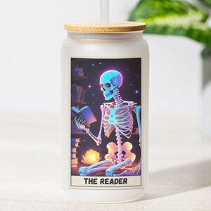 The Reader, Reader Tarot Card Tumbler, Gothic Mug, Iridescent Skeleton Glass Cup